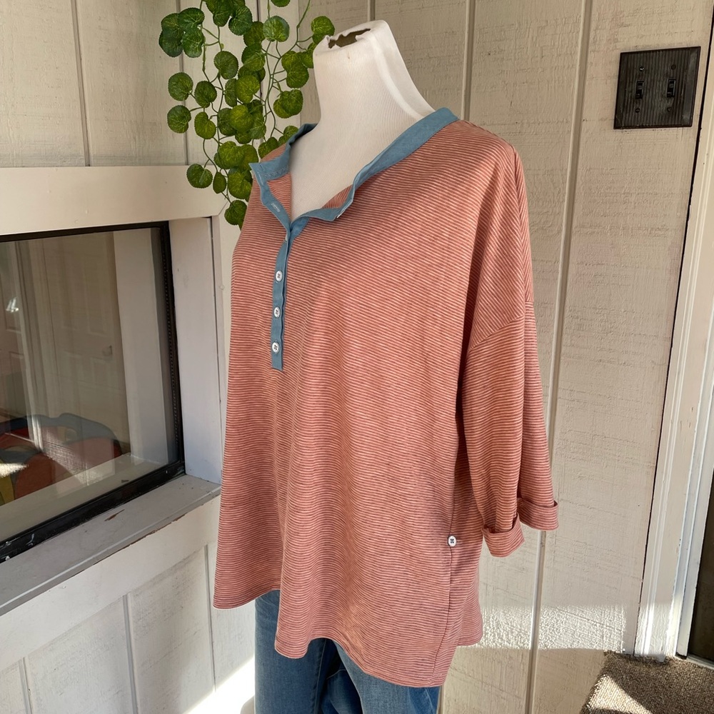 Shop Zoco oversized peach and blue trimmed Henley shirt